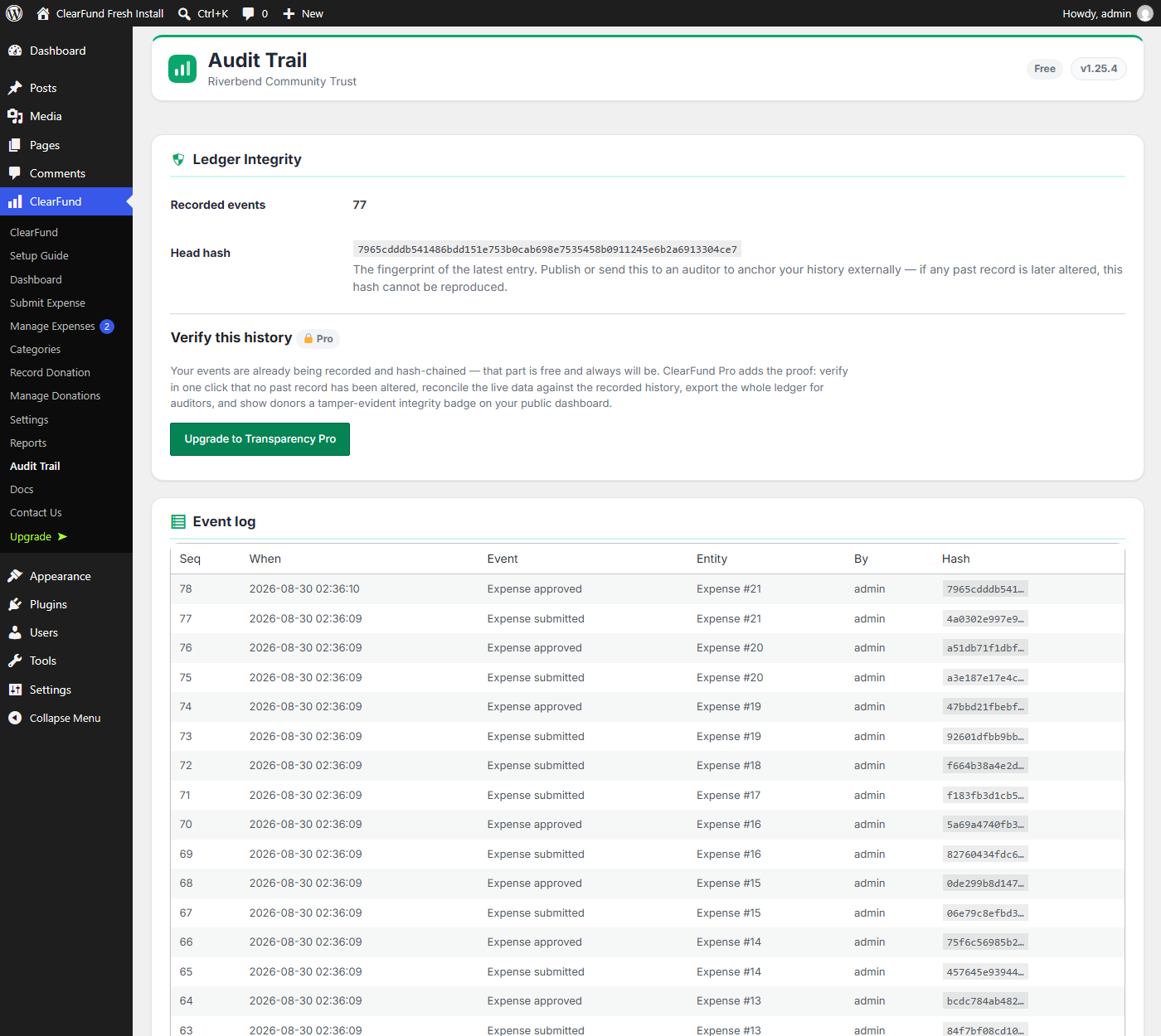 The Audit Trail screen listing hash-chained ledger events with sequence numbers, timestamps and hashes.