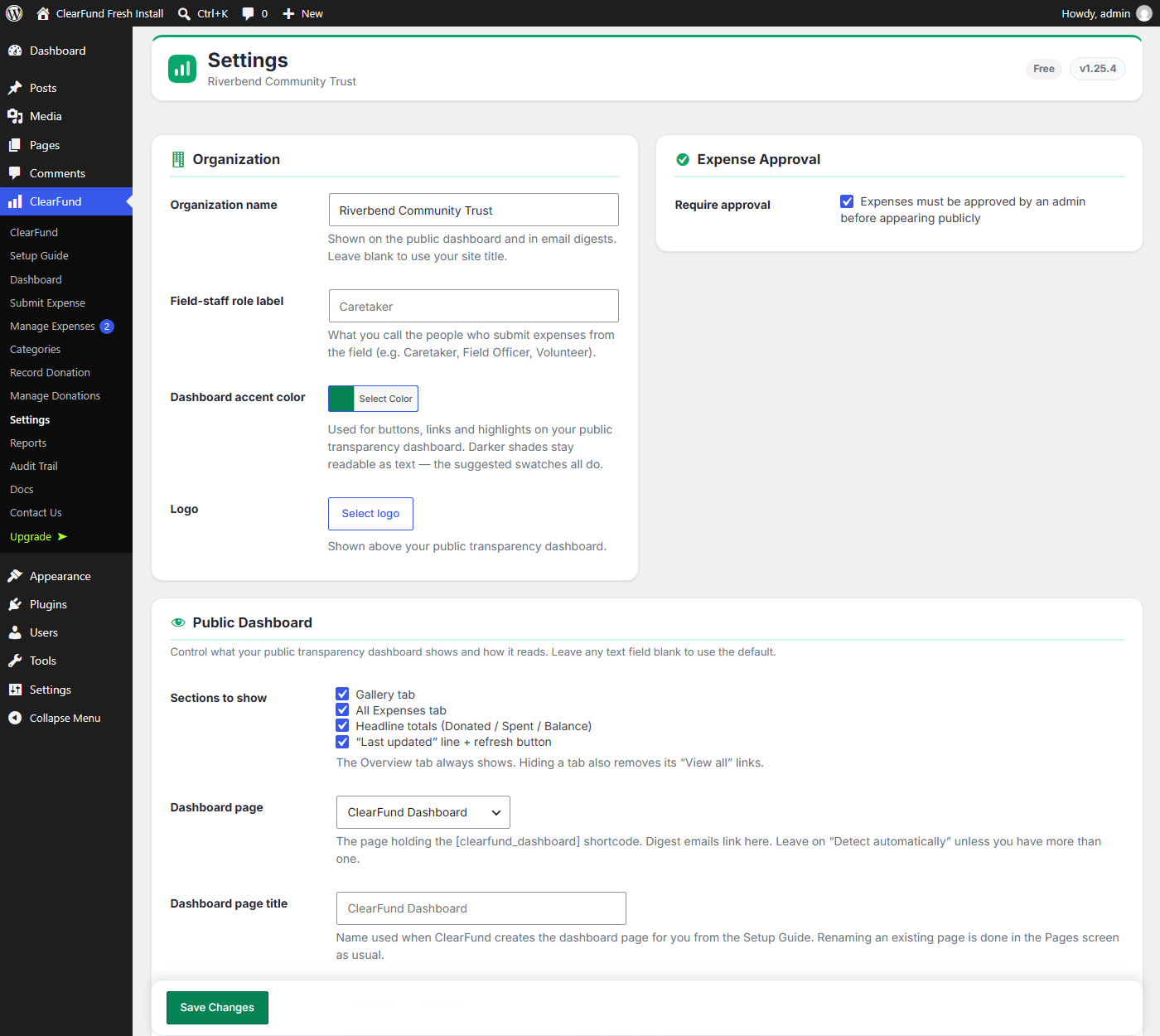 The ClearFund settings screen with organisation, branding and dashboard visibility options.