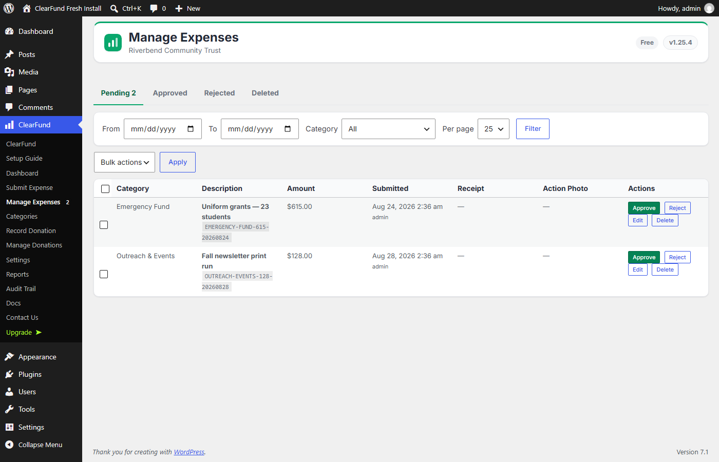 The expense approval queue, showing submitted expenses with attached receipts and bulk actions.