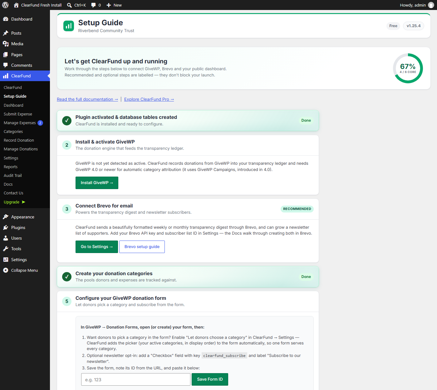 The Setup Guide screen with a checklist of steps from activation to a published dashboard.